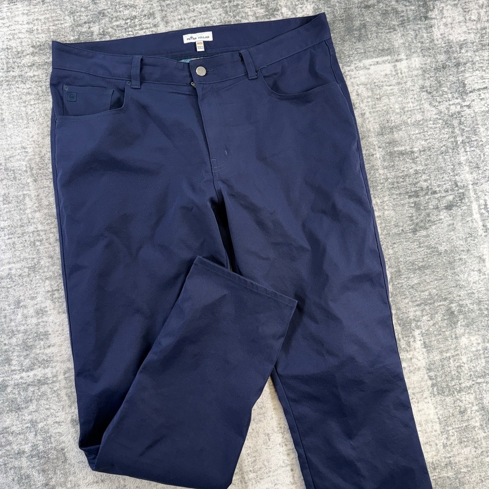 Peter Millar eb66 Pants Mens 36x32 Navy Performance 5 Pocket Golf Travel Crown